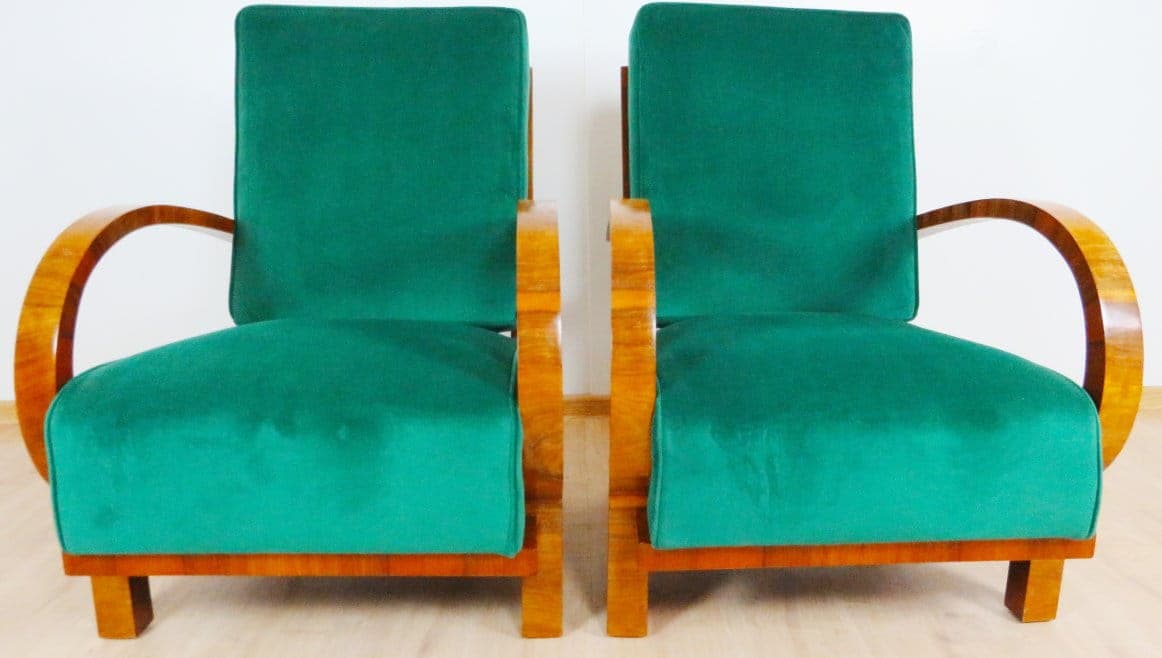 Pair of armchairs Art Deco, green velvet, honey wood, by J. Halabala, UP Závody, Czechoslovakia, 1960s. - 48396