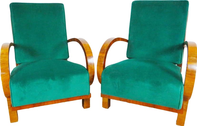 Pair of armchairs Art Deco, green velvet, honey wood, by J. Halabala, UP Závody, Czechoslovakia, 1960s.