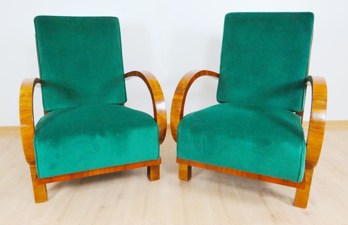 Pair of armchairs Art Deco, green velvet, honey wood, by J. Halabala, UP Závody, Czechoslovakia, 1960s. - 48394