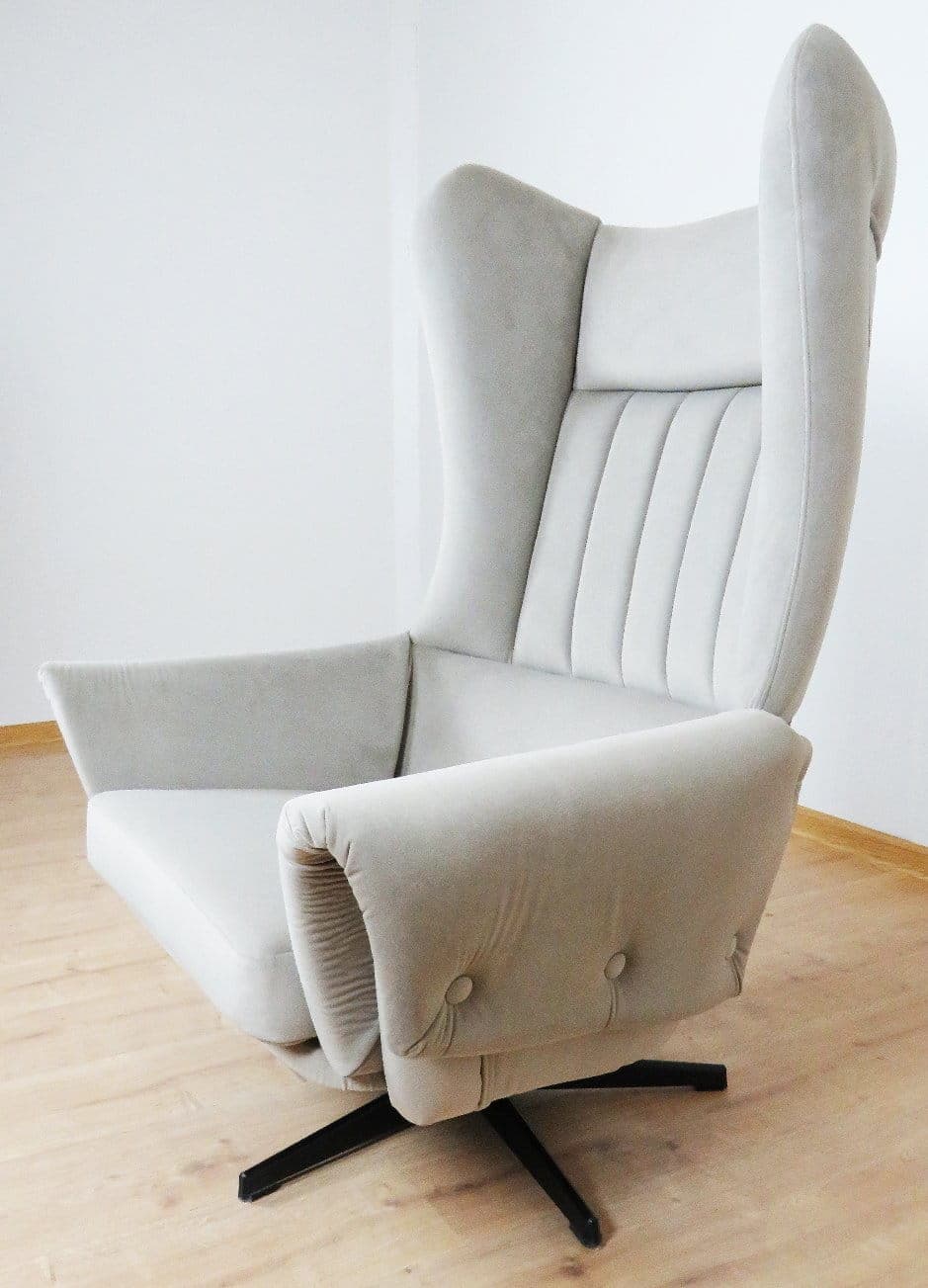 Swivel wingback armchair, grey velvet, black metal, UP Závody, Czechoslovakia, 1960s. - 48392