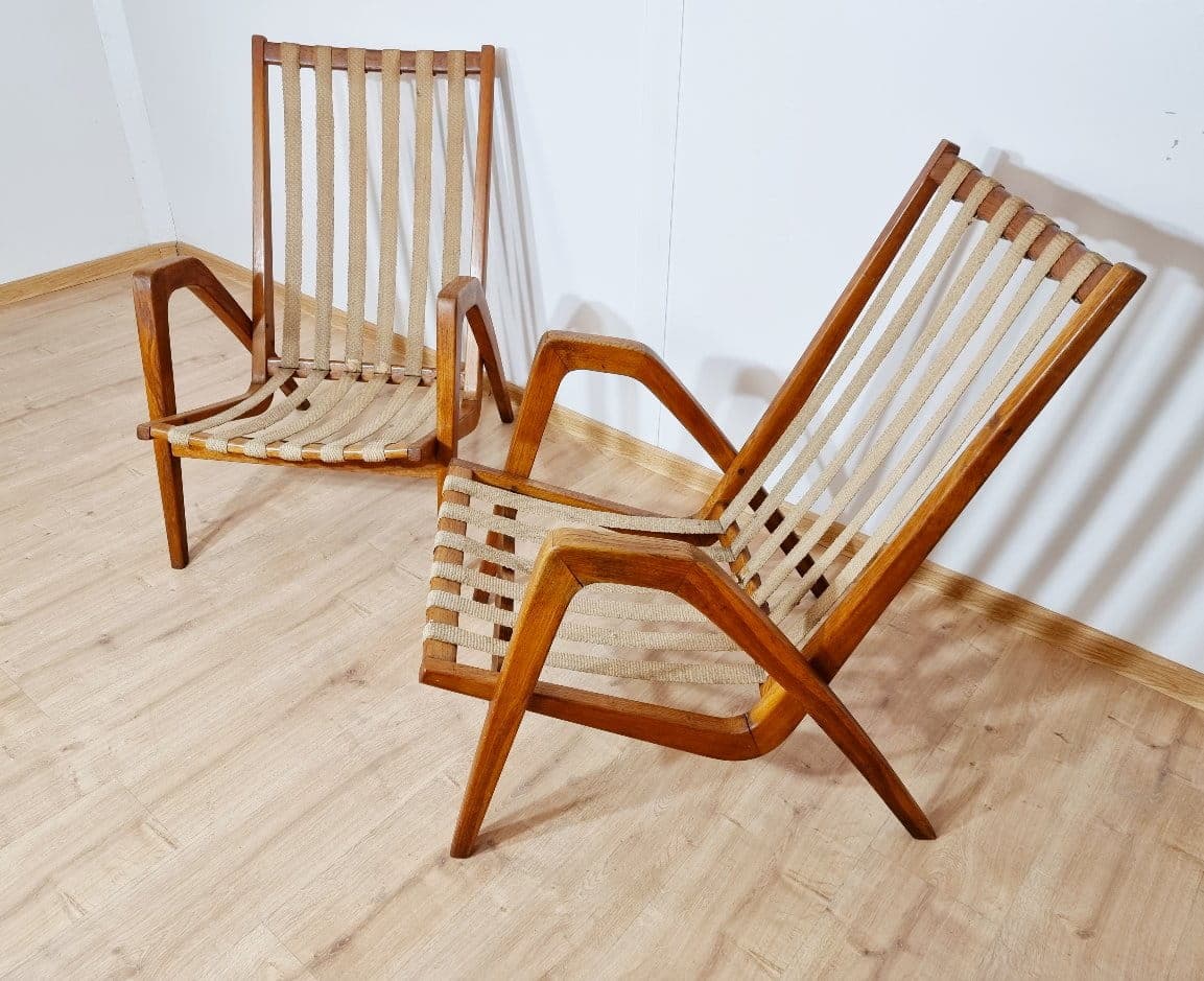 Pair of armchairs, dark brown beech, beige cotton, by J. Vanek, Up Zavody, Czechoslovakia, 1930s. - 48388