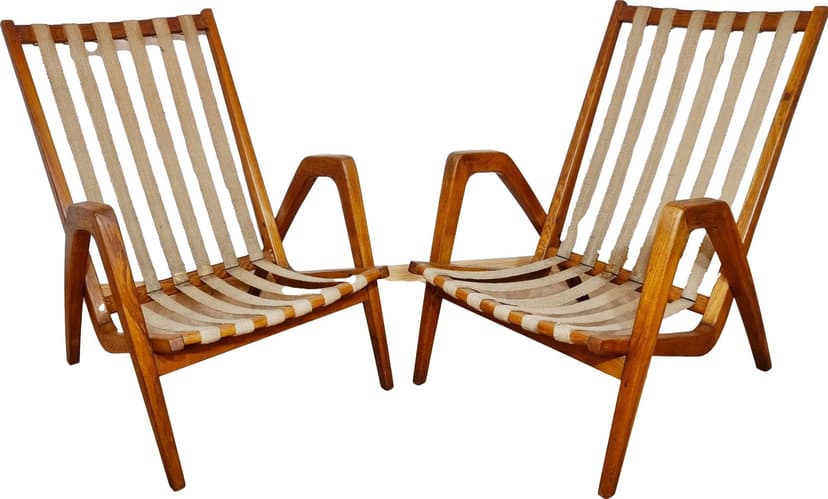 Pair of armchairs, dark brown beech, beige cotton, by J. Vanek, Up Zavody, Czechoslovakia, 1930s.