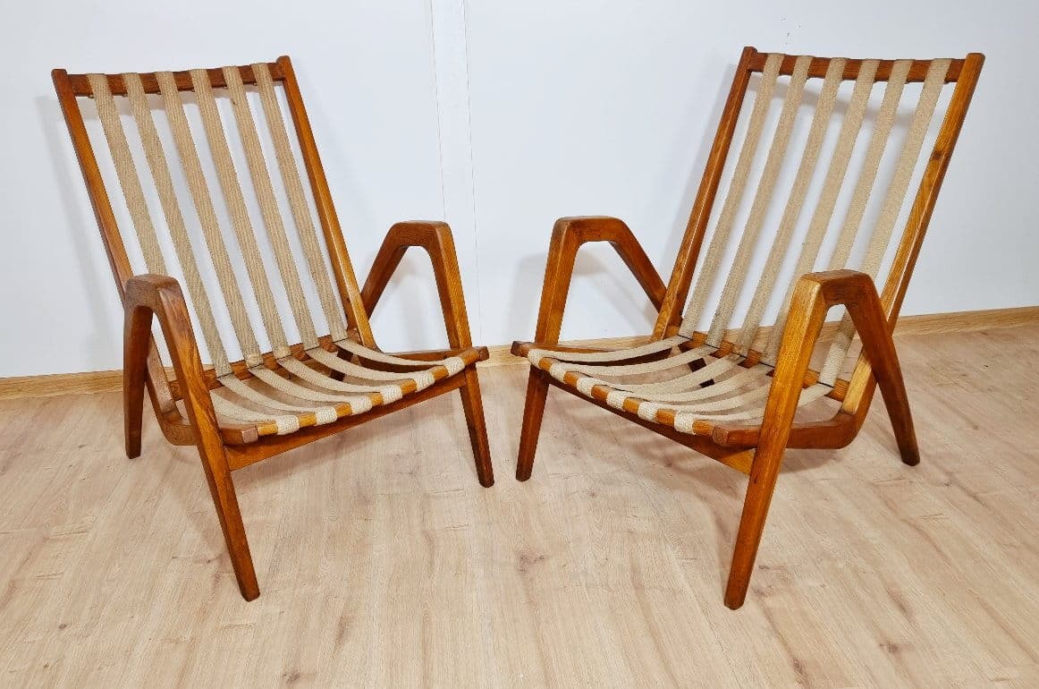 Pair of armchairs, dark brown beech, beige cotton, by J. Vanek, Up Zavody, Czechoslovakia, 1930s. - 48386