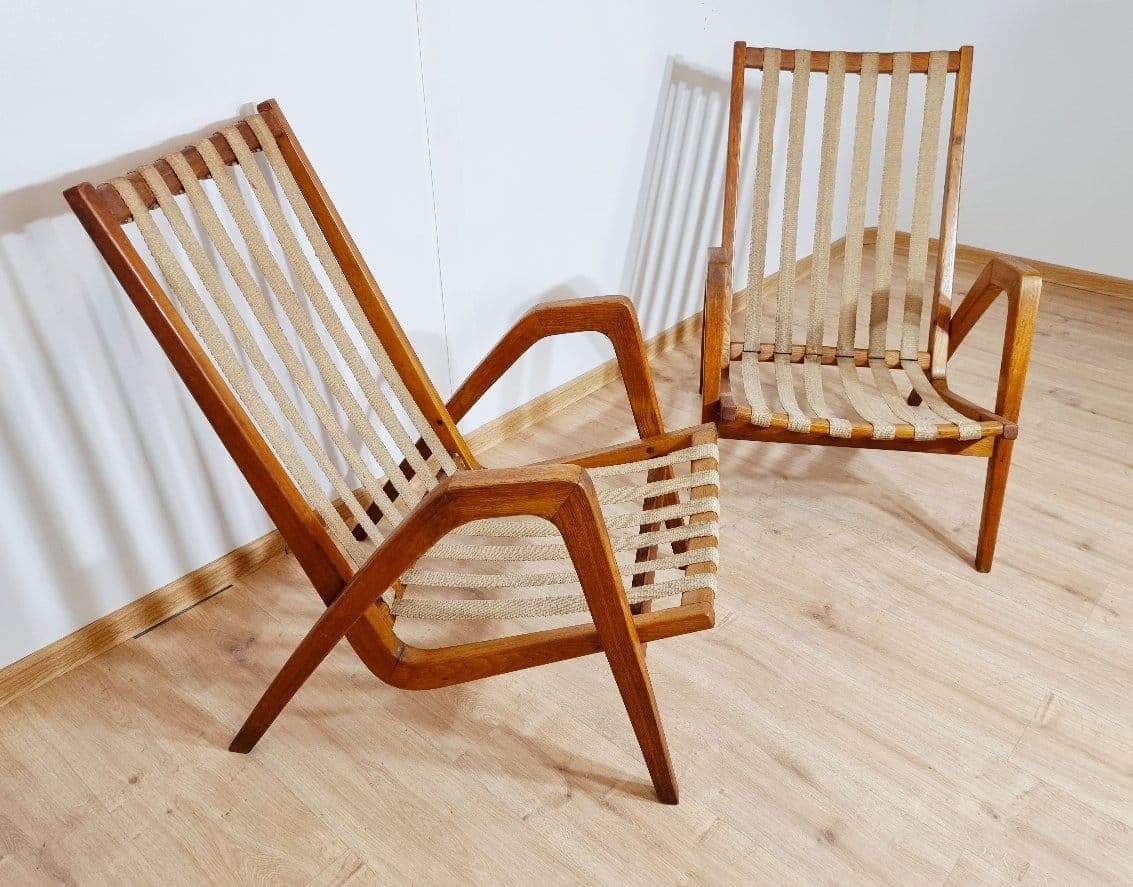Pair of armchairs, dark brown beech, beige cotton, by J. Vanek, Up Zavody, Czechoslovakia, 1930s. - 48387