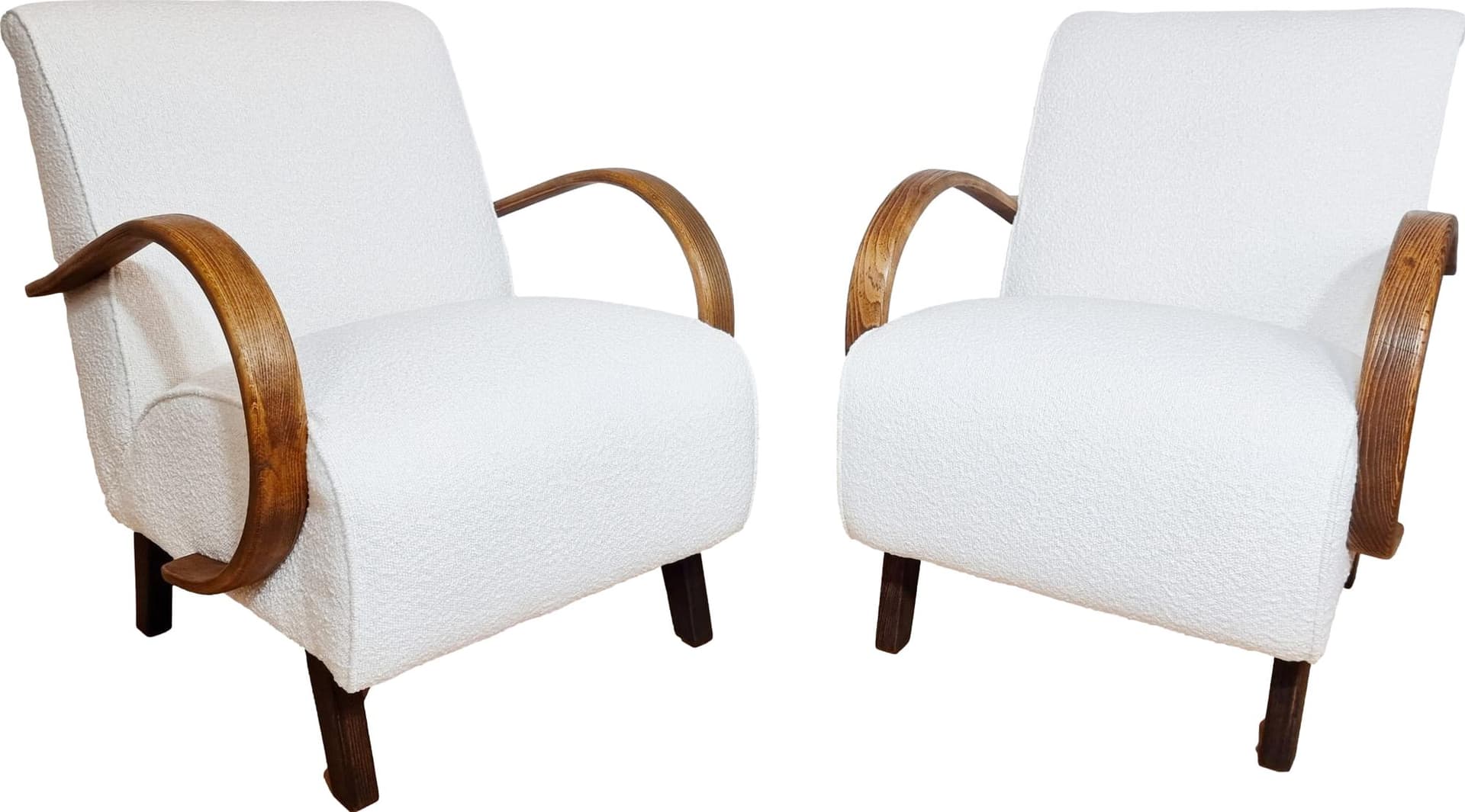 Pair of armchairs, wood, ivory white bouclé, by J. Halabala, UP Závody, Czechoslovakia, 1960s.