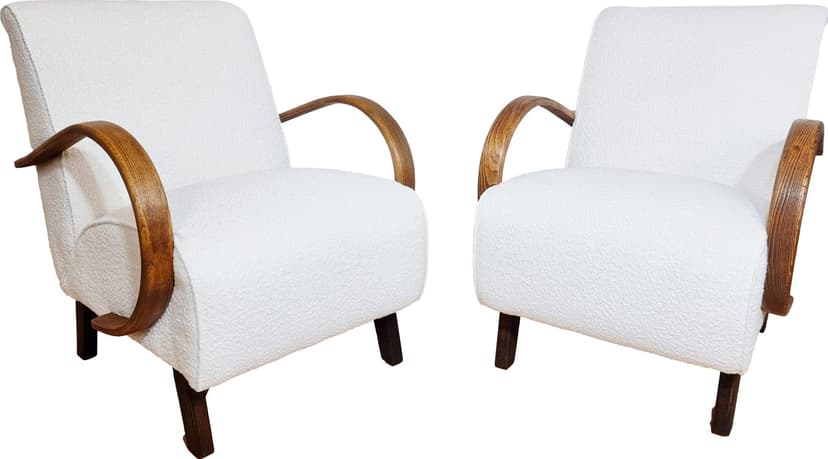 Pair of armchairs, wood, ivory white bouclé, by J. Halabala, UP Závody, Czechoslovakia, 1960s.