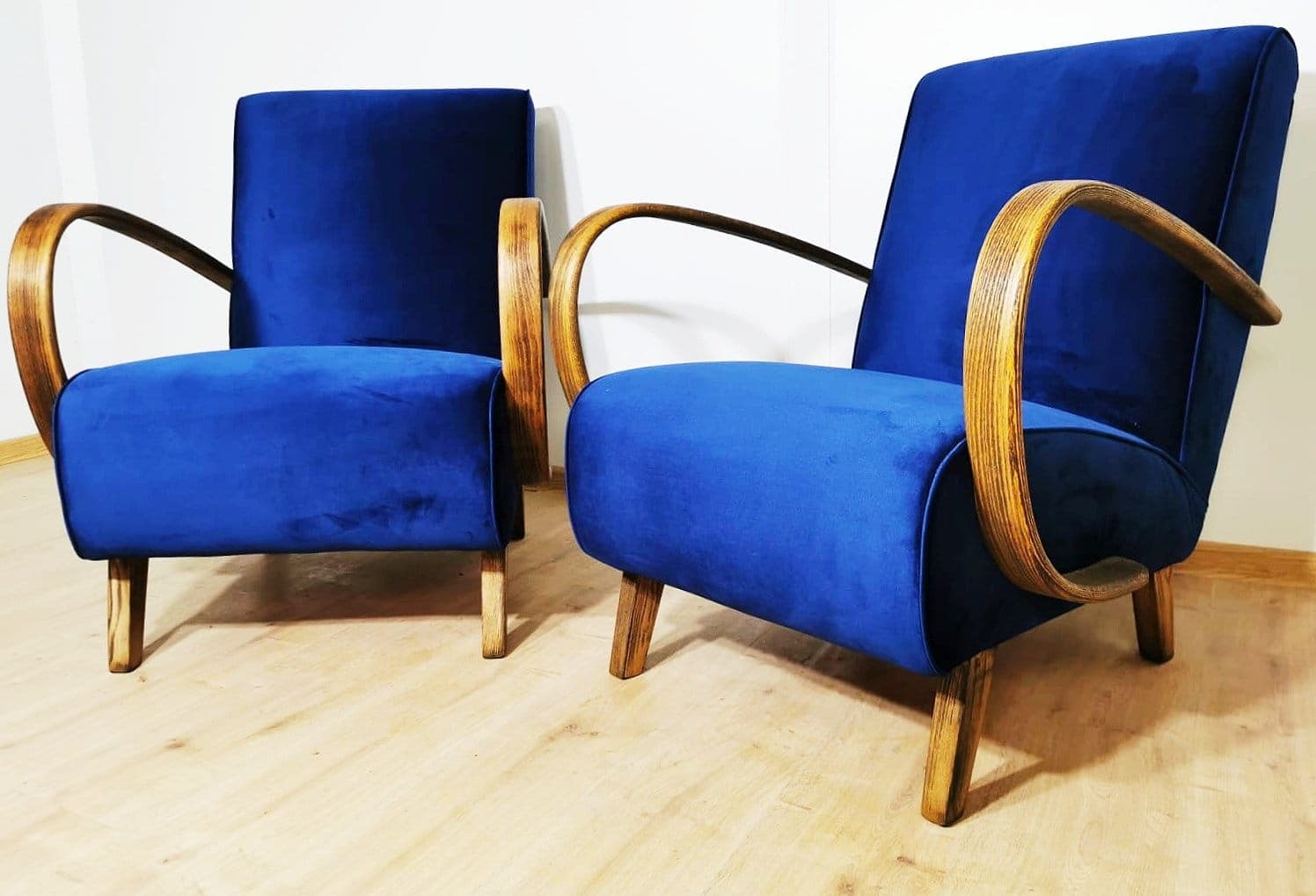 Pair of armchairs H 410, blue velvet, teak, by J. Halabala, UP Závody, Czechoslovakia, 1960s. - 48370