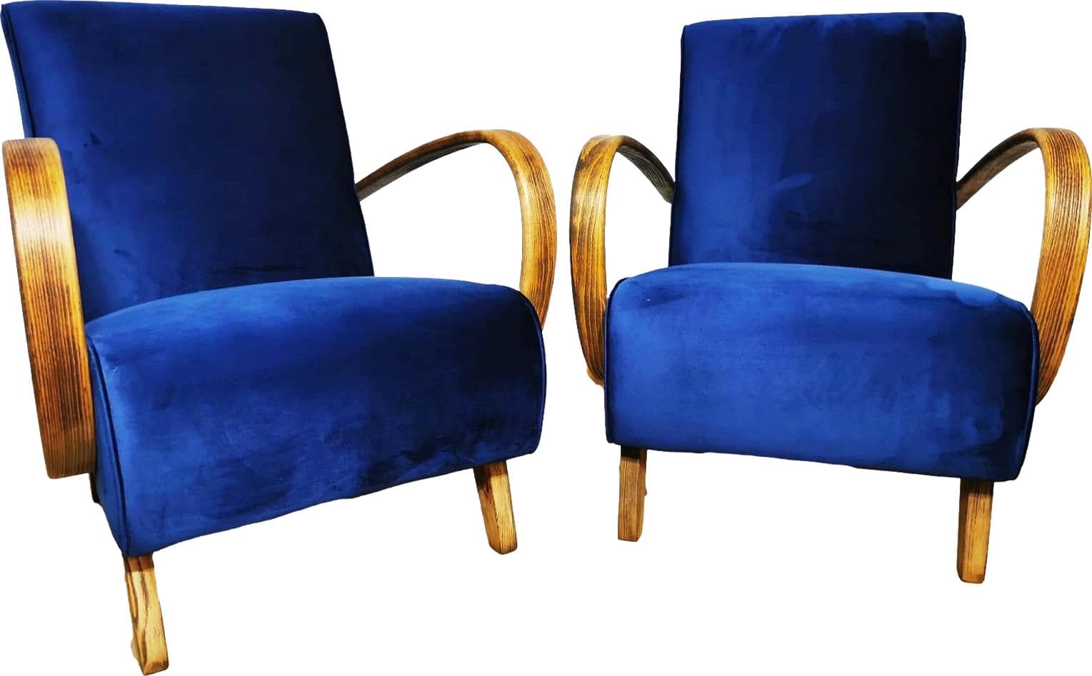 Pair of armchairs H 410, blue velvet, teak, by J. Halabala, UP Závody, Czechoslovakia, 1960s.