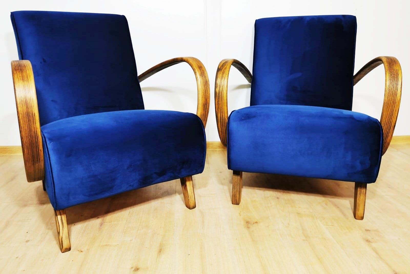 Pair of armchairs H 410, blue velvet, teak, by J. Halabala, UP Závody, Czechoslovakia, 1960s. - 48371