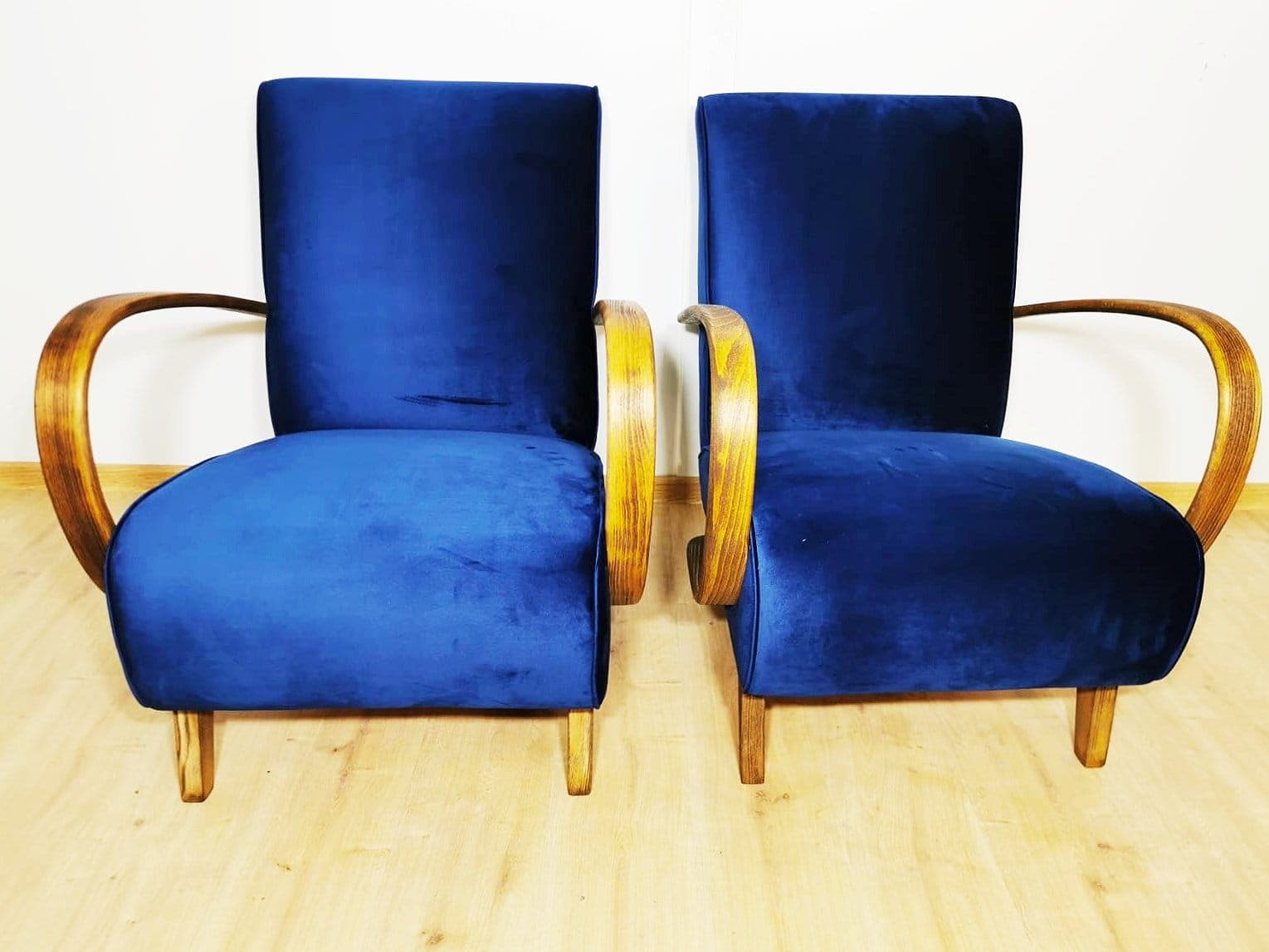 Pair of armchairs H 410, blue velvet, teak, by J. Halabala, UP Závody, Czechoslovakia, 1960s. - 48372