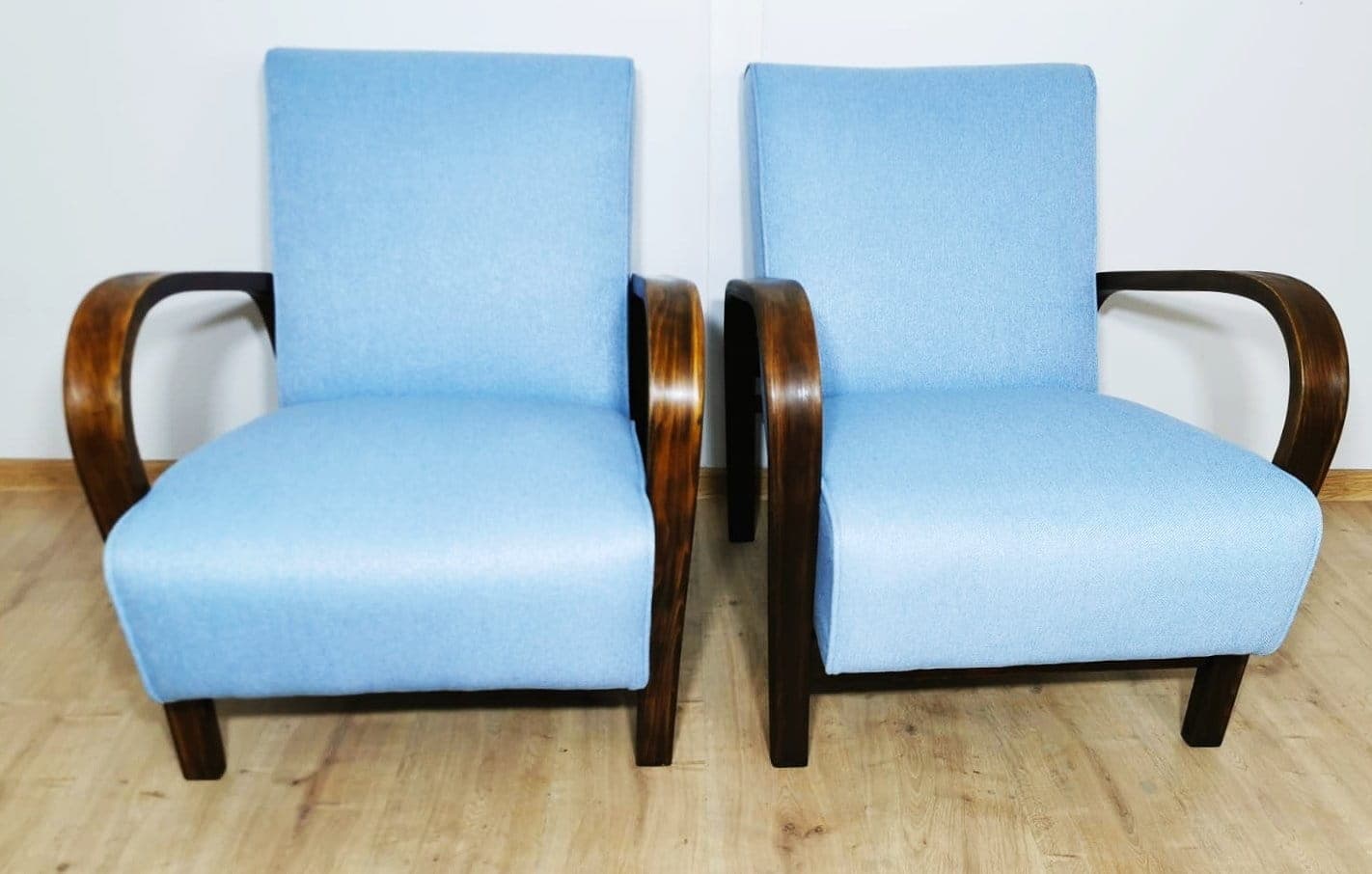 Pair of armchairs, dark brown oak, blue, by K. Koželka, A. Kropáček, Interier Praha, Czechoslovakia, 1940s. - 48367