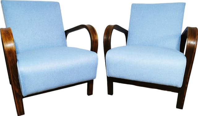 Pair of armchairs, dark brown oak, blue, by K. Koželka, A. Kropáček, Interier Praha, Czechoslovakia, 1940s. - DIMENSION