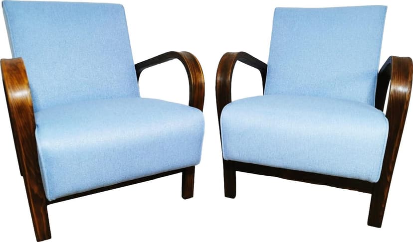 Pair of armchairs, dark brown oak, blue, by K. Koželka, A. Kropáček, Interier Praha, Czechoslovakia, 1940s.