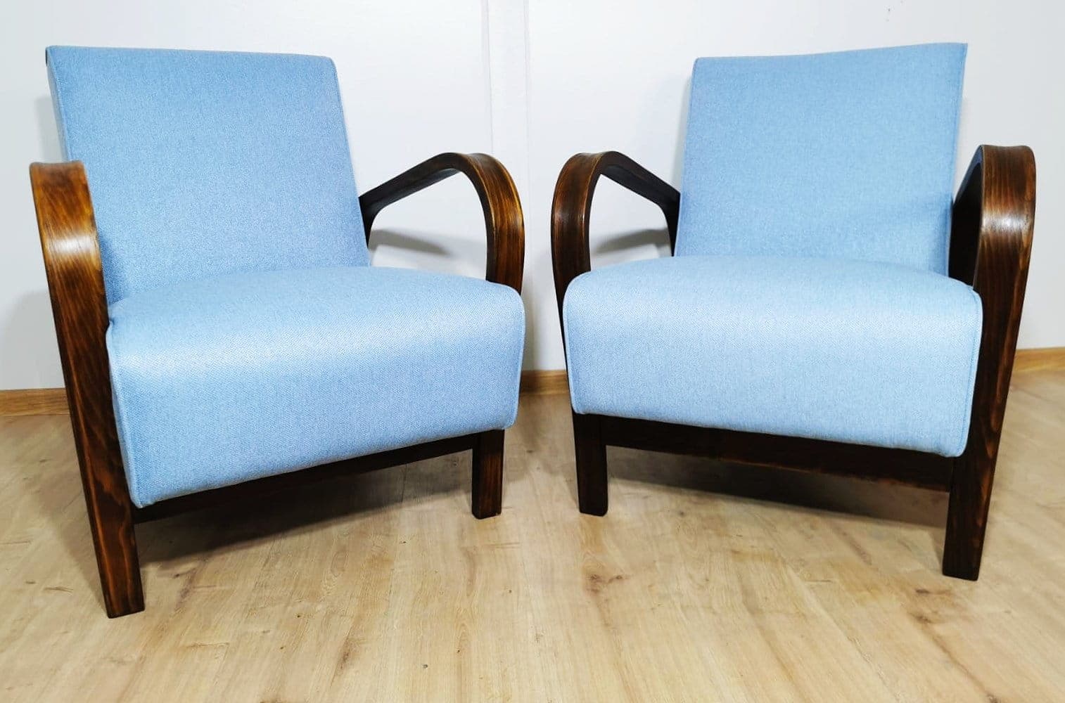 Pair of armchairs, dark brown oak, blue, by K. Koželka, A. Kropáček, Interier Praha, Czechoslovakia, 1940s. - 48368
