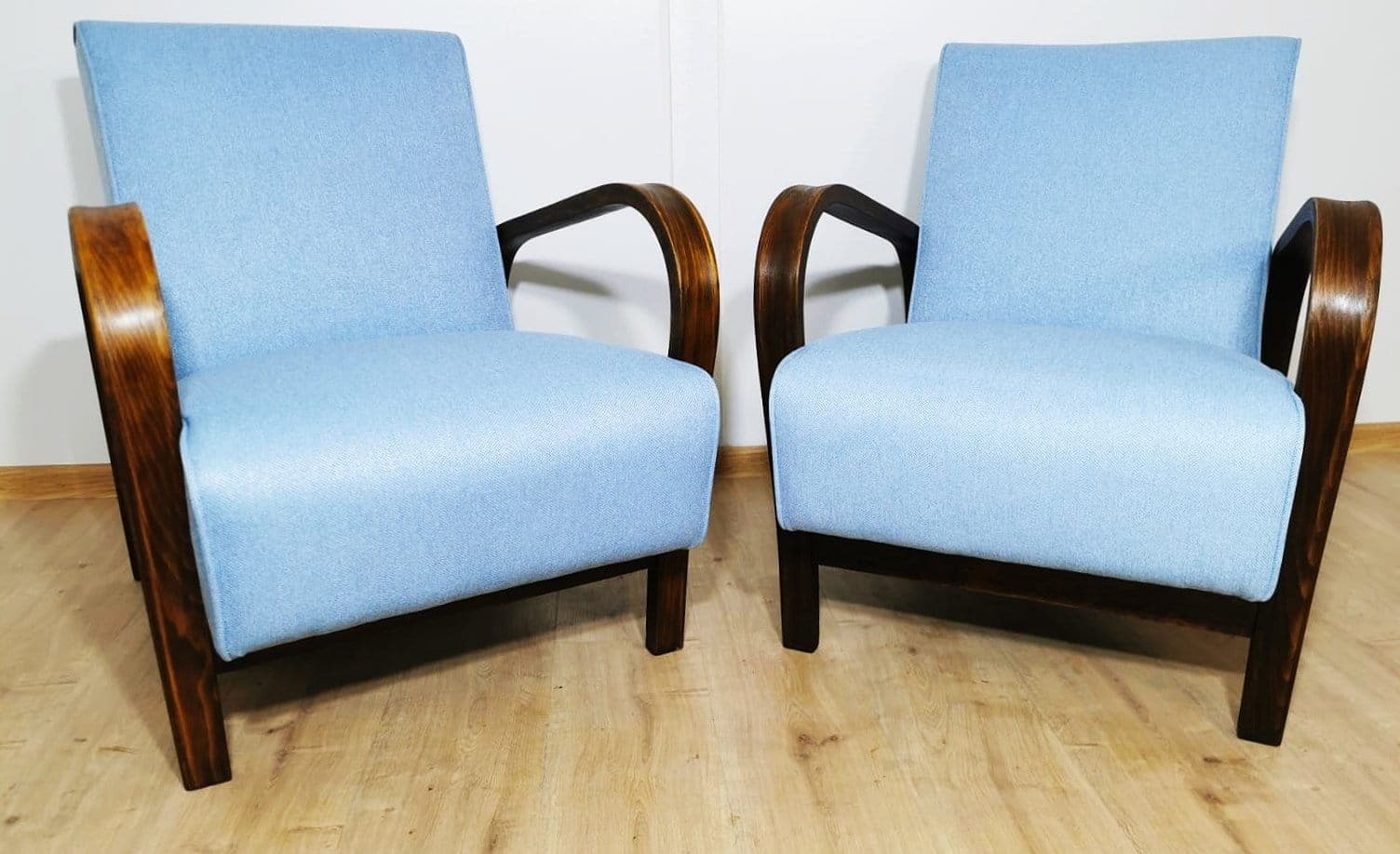 Pair of armchairs, dark brown oak, blue, by K. Koželka, A. Kropáček, Interier Praha, Czechoslovakia, 1940s. - 48366