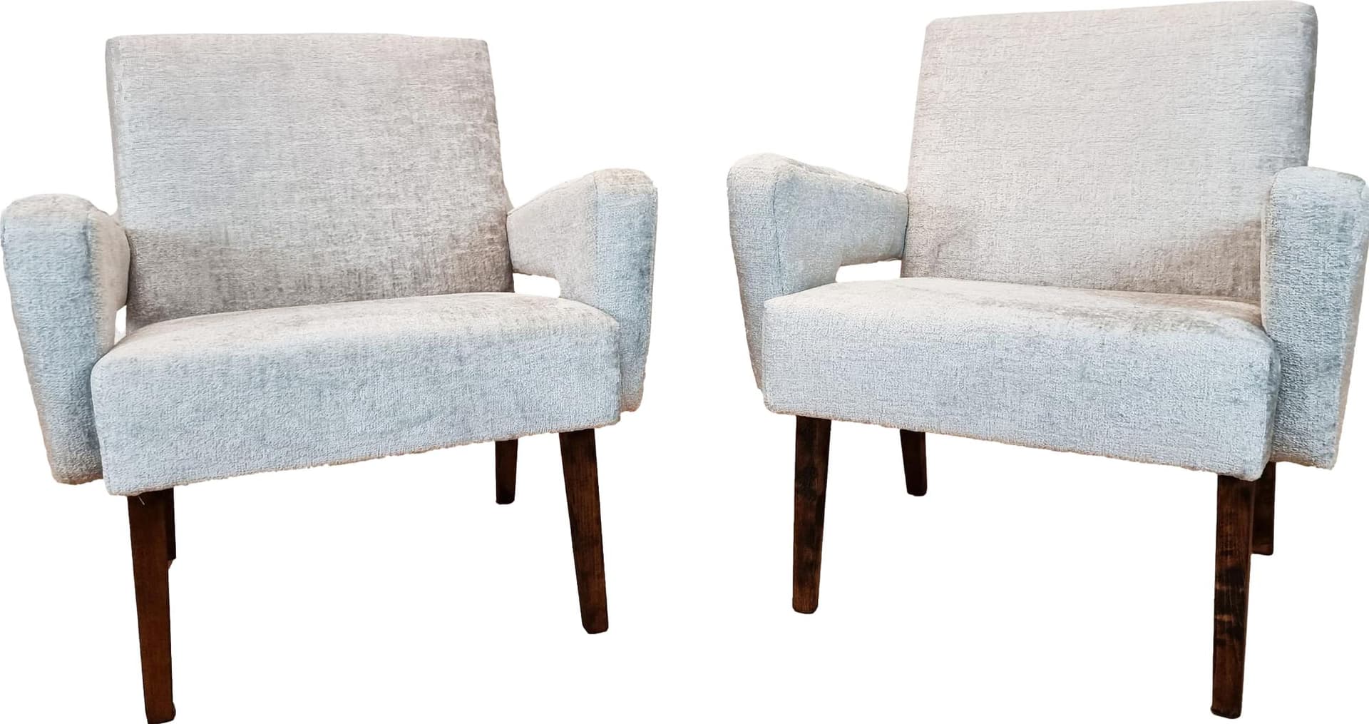 Pair of armchairs, grey bouclé, wood, by M. Navratil, Czechoslovakia, 1960s.