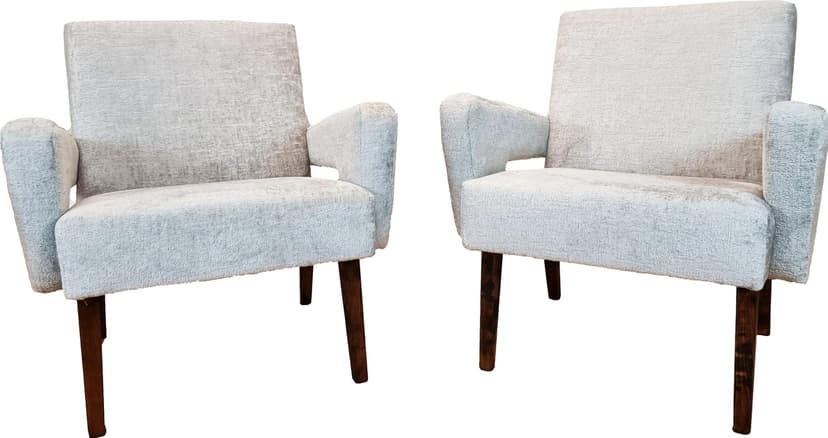 Pair of armchairs, grey bouclé, wood, by M. Navratil, Czechoslovakia, 1960s.
