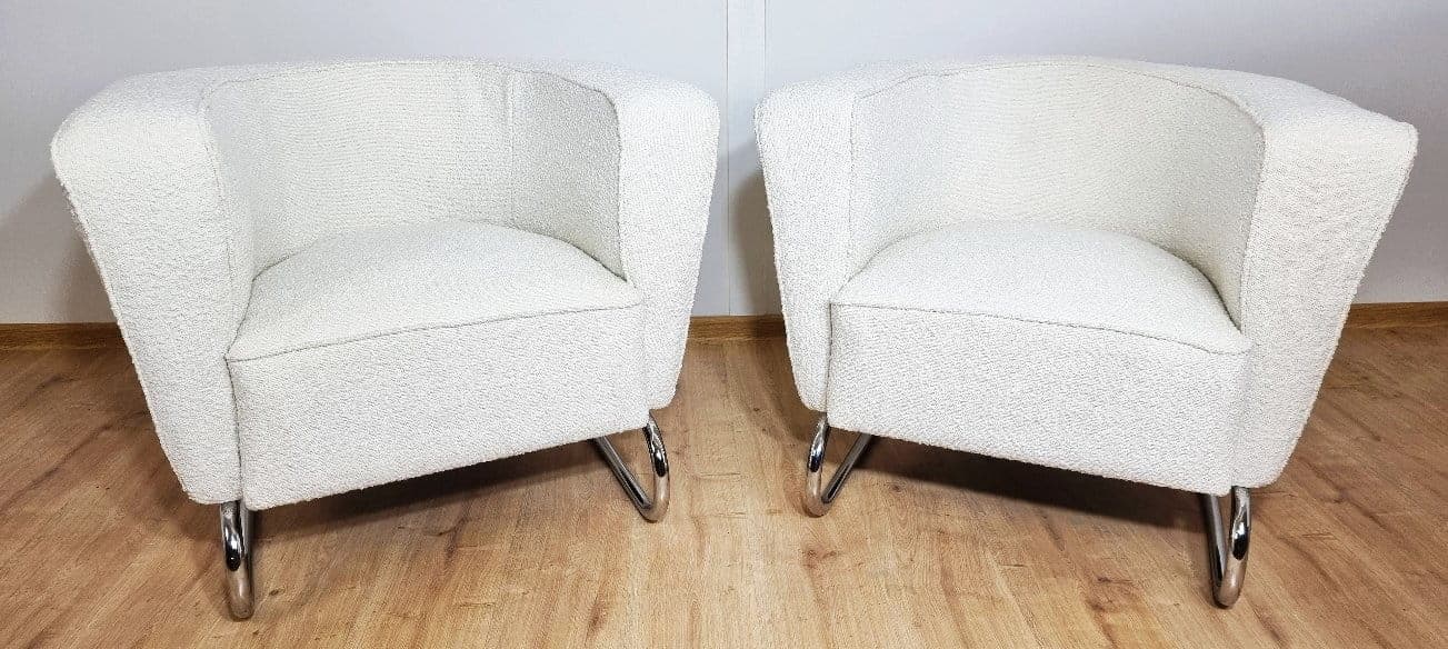 Pair of armchairs Art Deco, white bouclé, chrome steel, by J. Halabala, Czech Republic, 1930s. - 48346