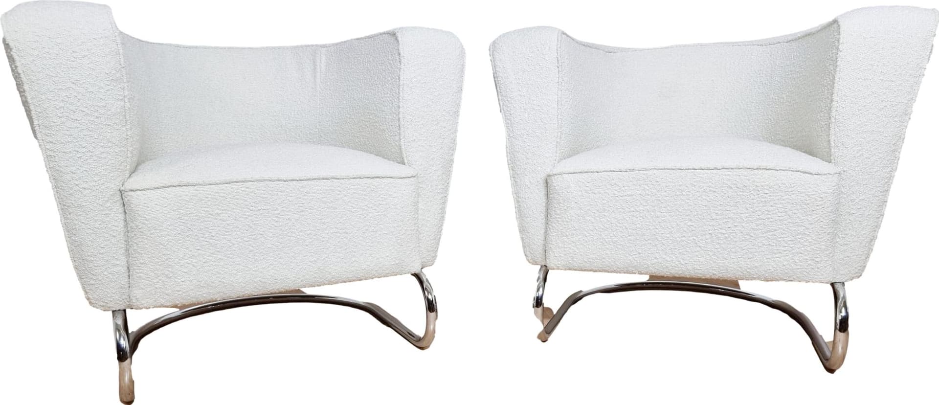 Pair of armchairs Art Deco, white bouclé, chrome steel, by J. Halabala, Czech Republic, 1930s.