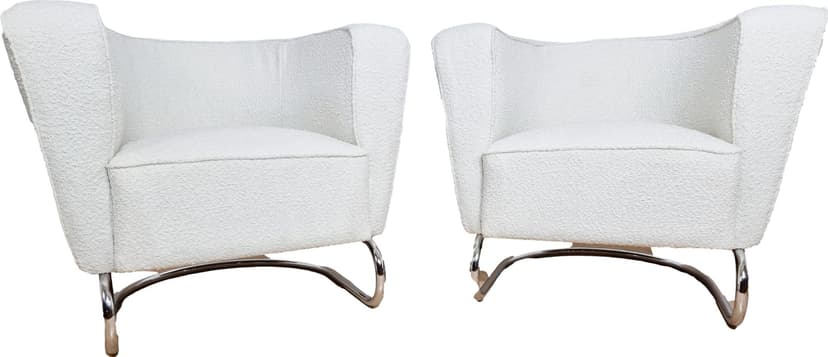 Pair of armchairs Art Deco, white bouclé, chrome steel, by J. Halabala, Czech Republic, 1930s.