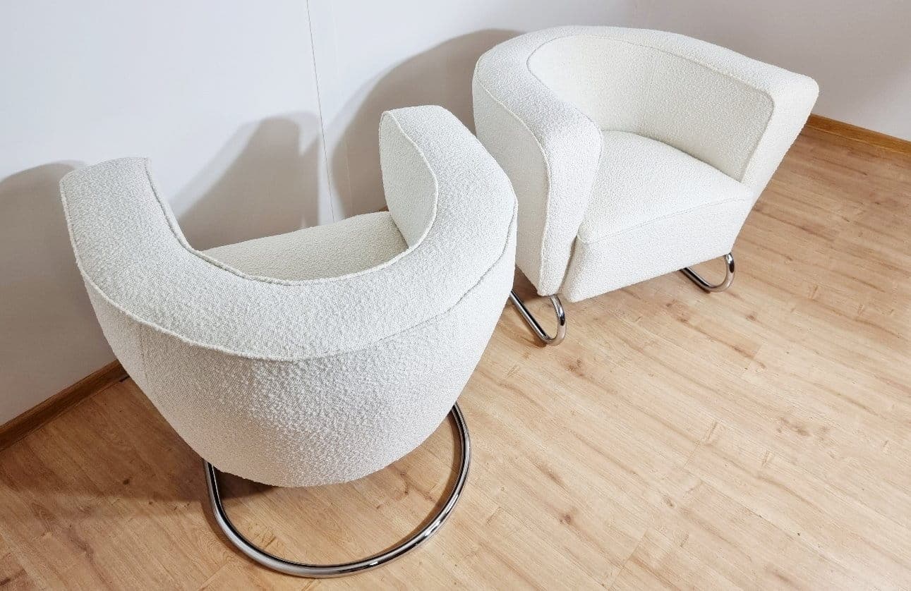 Pair of armchairs Art Deco, white bouclé, chrome steel, by J. Halabala, Czech Republic, 1930s. - 48347