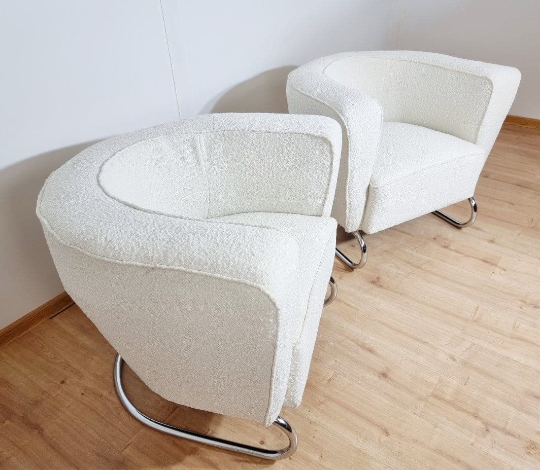 Pair of armchairs Art Deco, white bouclé, chrome steel, by J. Halabala, Czech Republic, 1930s. - 48348