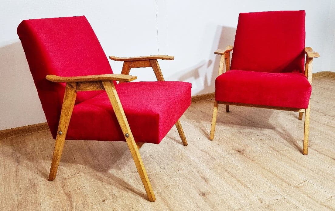 Pair of armchairs, red velvet, light oak, Czechoslovakia, 1960s. - 48344