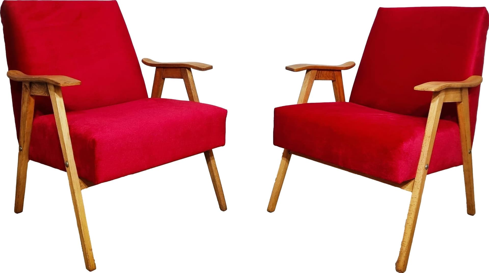 Pair of armchairs, red velvet, light oak, Czechoslovakia, 1960s.