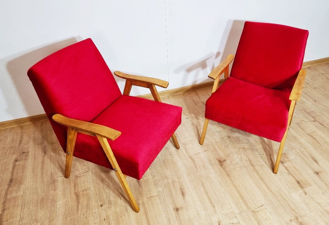 Pair of armchairs, red velvet, light oak, Czechoslovakia, 1960s. - 48343