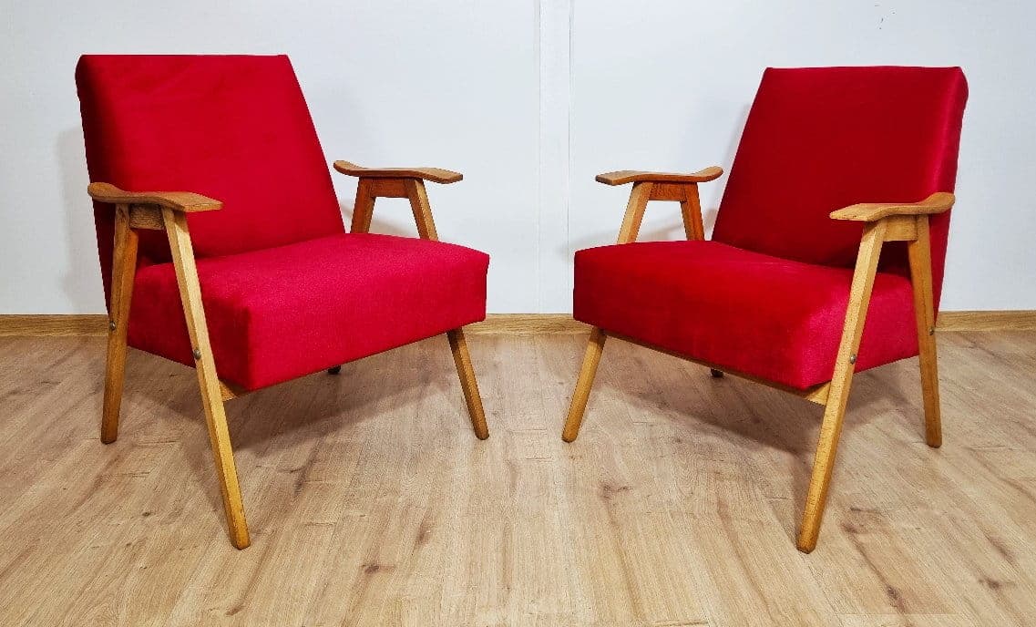 Pair of armchairs, red velvet, light oak, Czechoslovakia, 1960s. - 48342