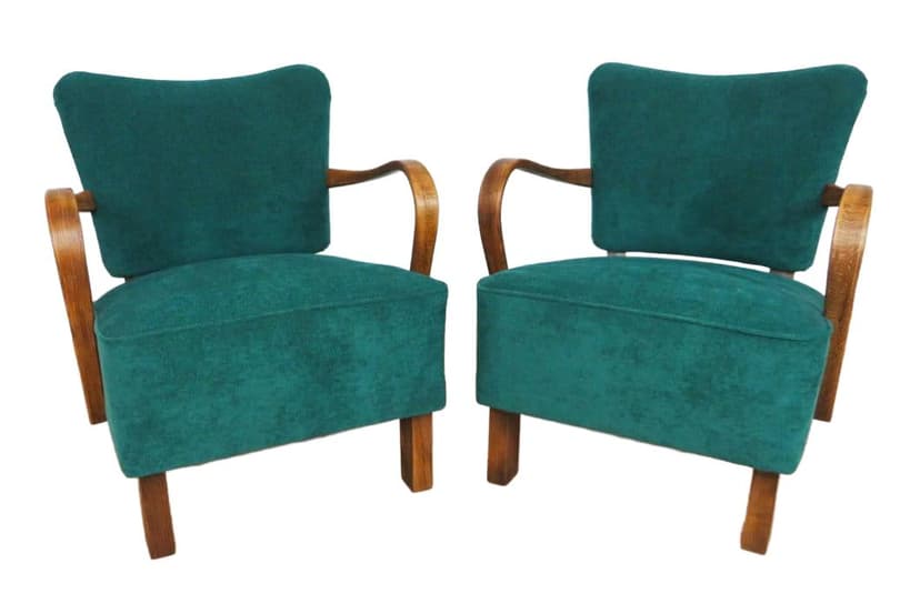 Pair of cocktail armchairs H 237, green velvet, oak beech, by J. Halabala, UP Závody, Czechoslovakia, 1950s.