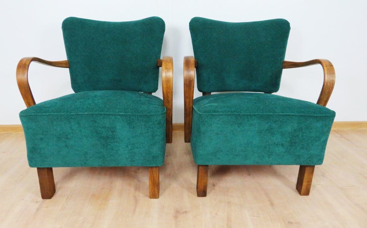 Pair of cocktail armchairs H 237, green velvet, oak beech, by J. Halabala, UP Závody, Czechoslovakia, 1950s. - 48339