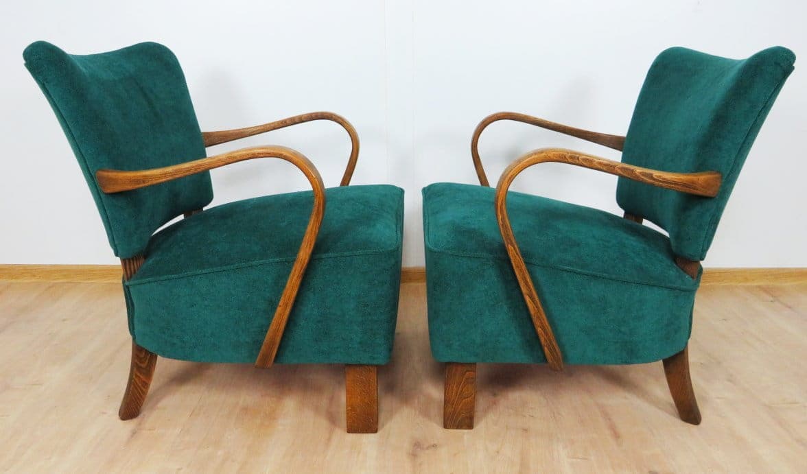 Pair of cocktail armchairs H 237, green velvet, oak beech, by J. Halabala, UP Závody, Czechoslovakia, 1950s. - 48340