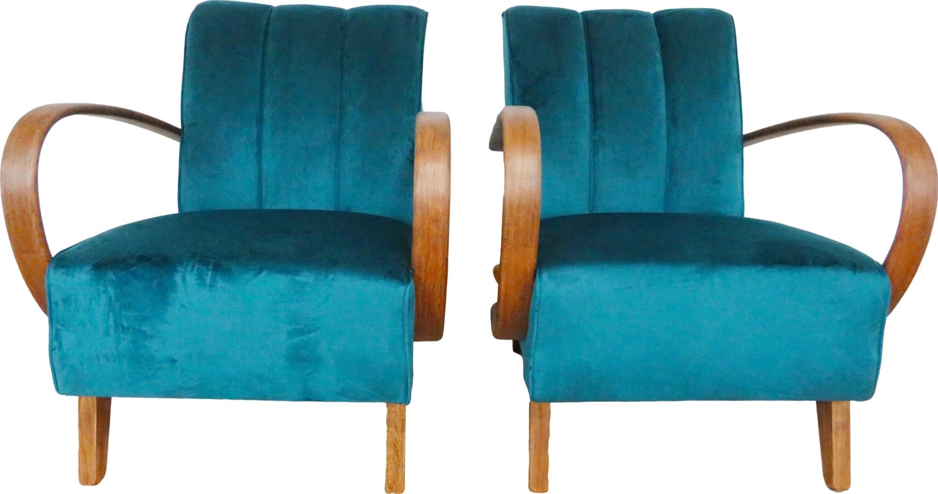 Pair of armchairs, turquoise velvet, by J. Halabala, UP Závody, Czechoslovakia, 1960s.