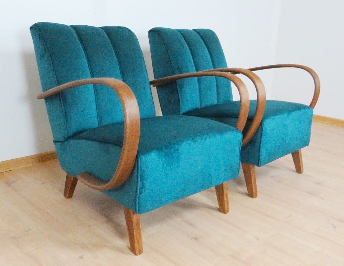 Pair of armchairs, turquoise velvet, by J. Halabala, UP Závody, Czechoslovakia, 1960s. - 48334