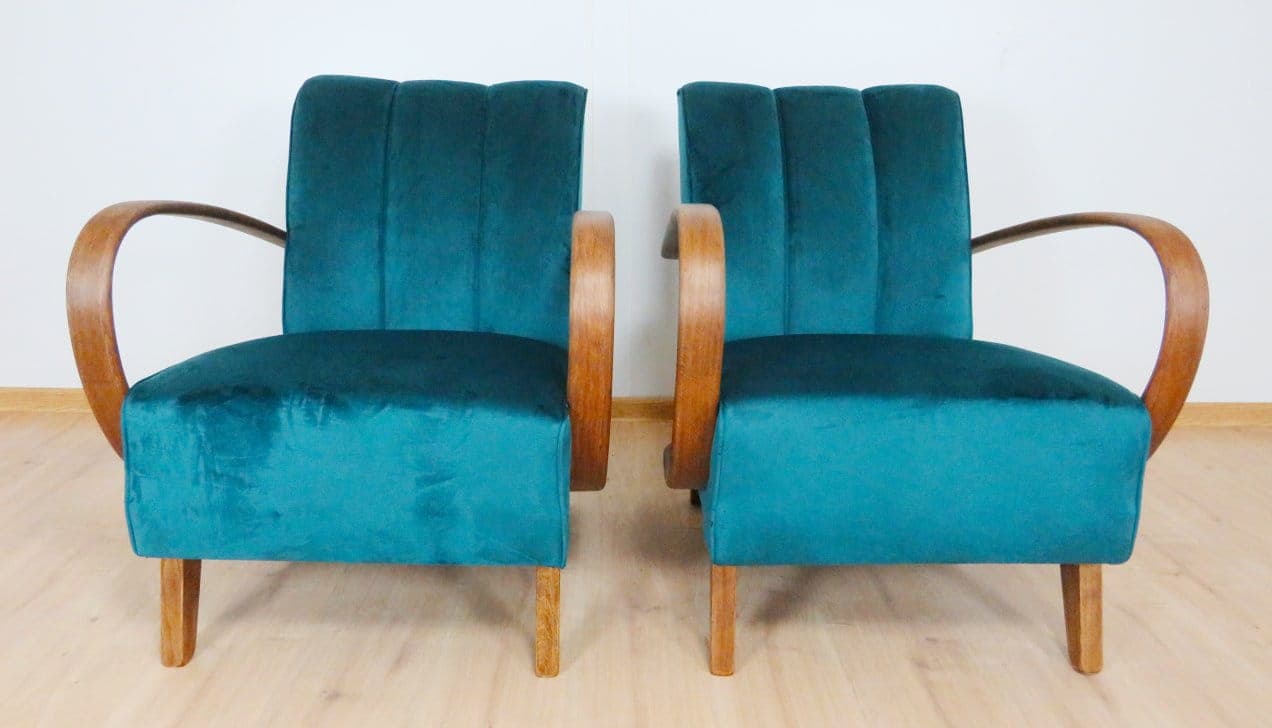 Pair of armchairs, turquoise velvet, by J. Halabala, UP Závody, Czechoslovakia, 1960s. - 48335