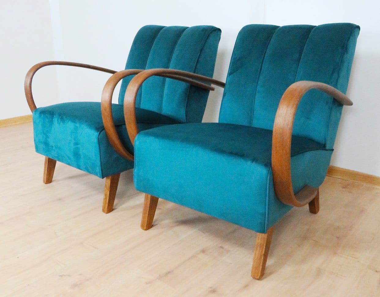 Pair of armchairs, turquoise velvet, by J. Halabala, UP Závody, Czechoslovakia, 1960s. - 48336