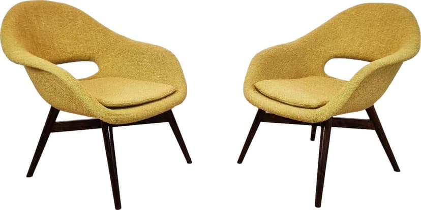Pair of armchairs, yellow fabric, wood, by M. Navratil, Czechoslovakia, 1960s.