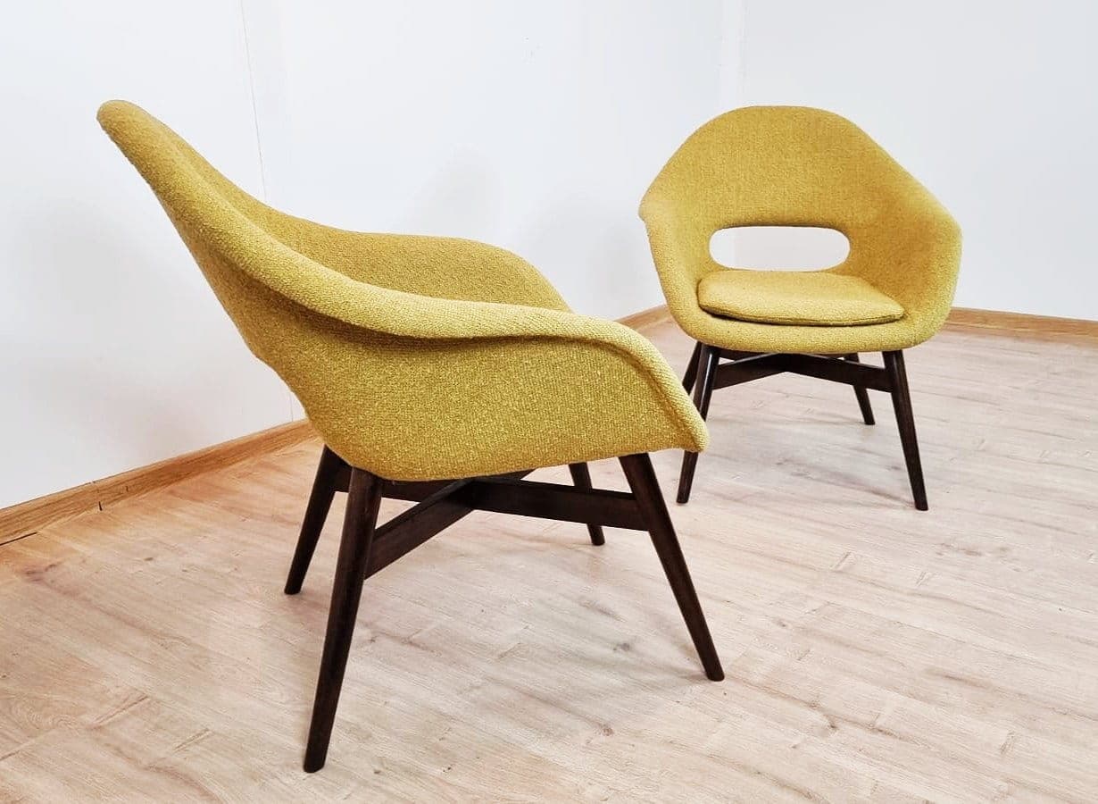 Pair of armchairs, yellow fabric, wood, by M. Navratil, Czechoslovakia, 1960s. - 48332