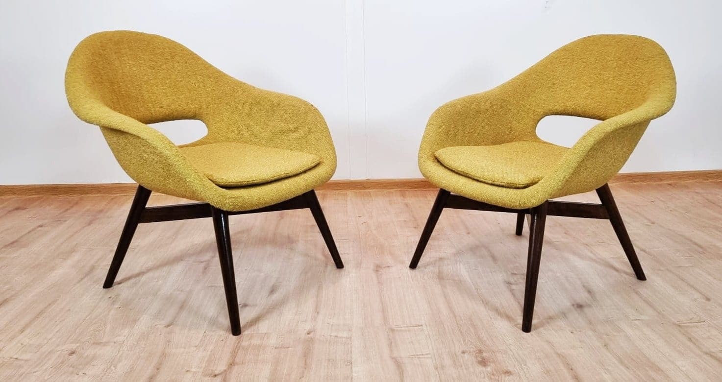 Pair of armchairs, yellow fabric, wood, by M. Navratil, Czechoslovakia, 1960s. - 48330