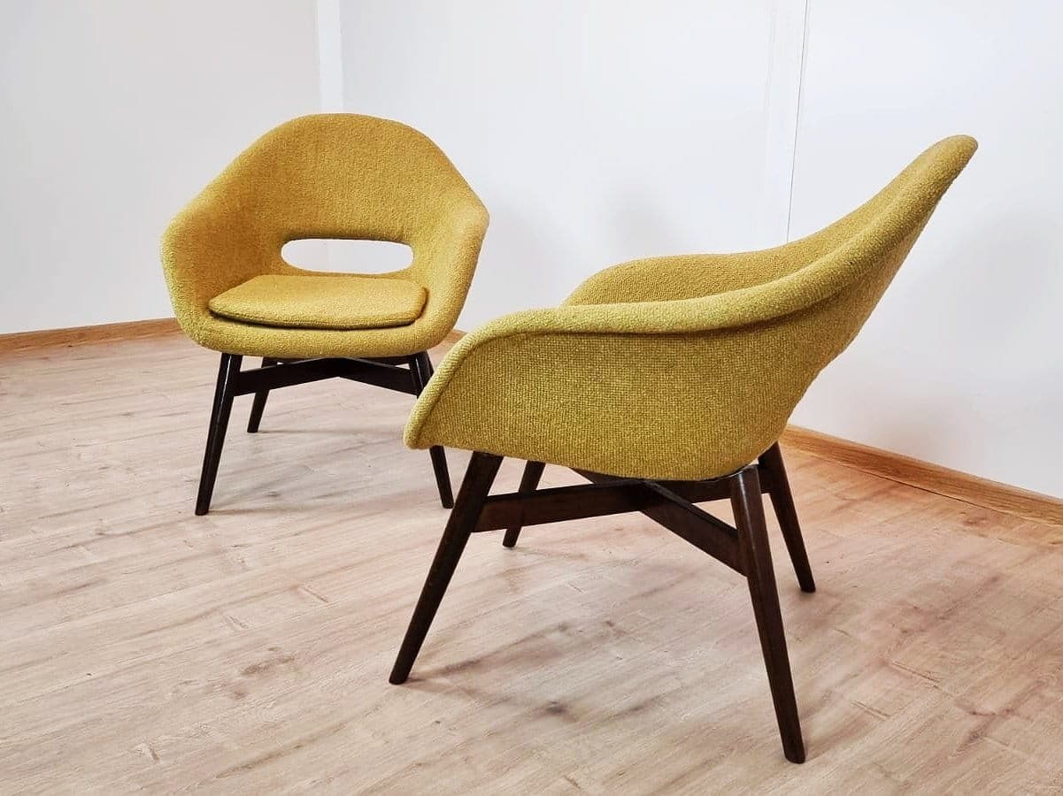 Pair of armchairs, yellow fabric, wood, by M. Navratil, Czechoslovakia, 1960s. - 48331