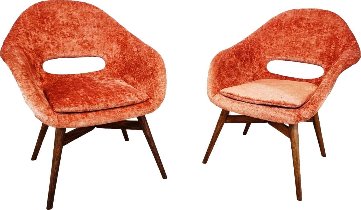 Pair of armchairs, orange velvet, by M. Navratil, Czechoslovakia, 1960s.
