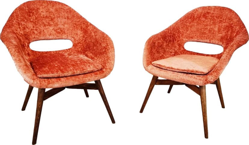 Pair of armchairs, orange velvet, by M. Navratil, Czechoslovakia, 1960s.