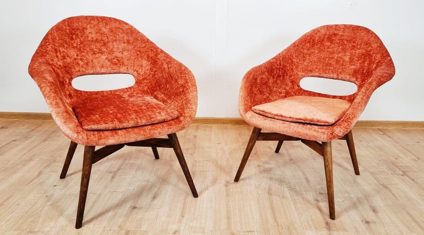 Pair of armchairs, orange velvet, by M. Navratil, Czechoslovakia, 1960s. - 48326