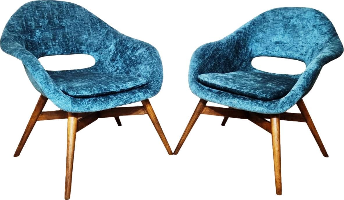 Pair of armchairs, turquoise velvet, by M. Navratil, Czechoslovakia, 1960s.