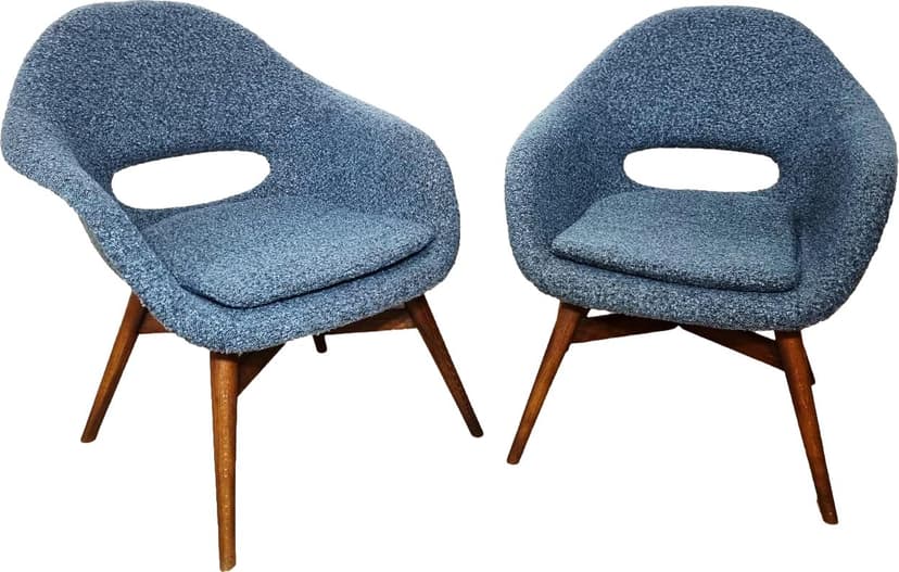 Pair of armchairs, blue bouclé, wood, by M. Navratil, Czechoslovakia, 1960s.