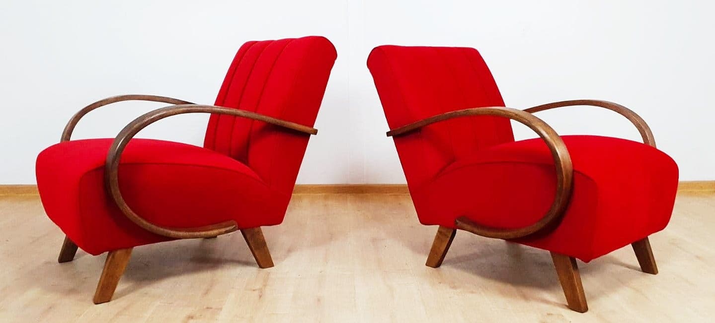 Armchair H 410, red, wood, by J. Halabala, Czechoslovakia, 1950s. - 48312