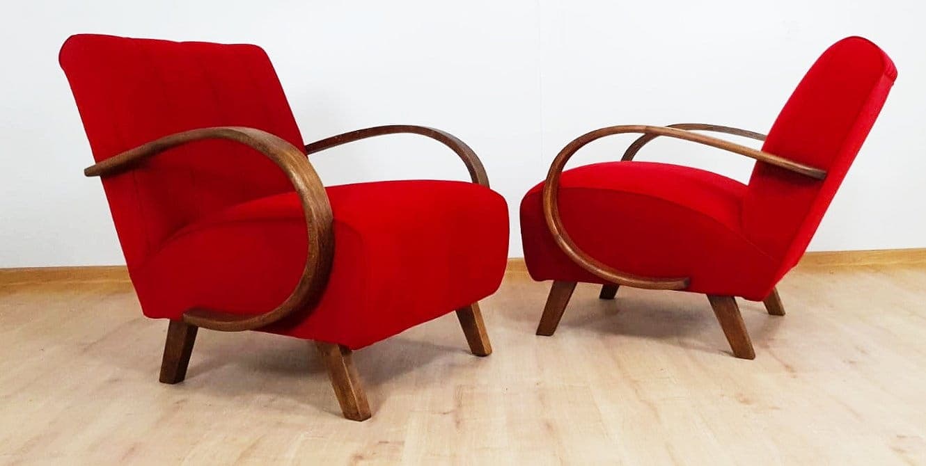 Armchair H 410, red, wood, by J. Halabala, Czechoslovakia, 1950s. - 48311