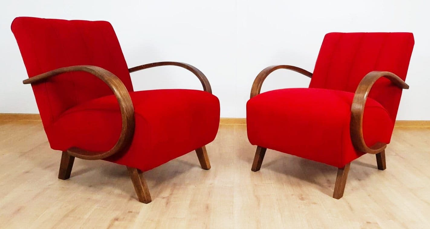 Armchair H 410, red, wood, by J. Halabala, Czechoslovakia, 1950s. - 48310