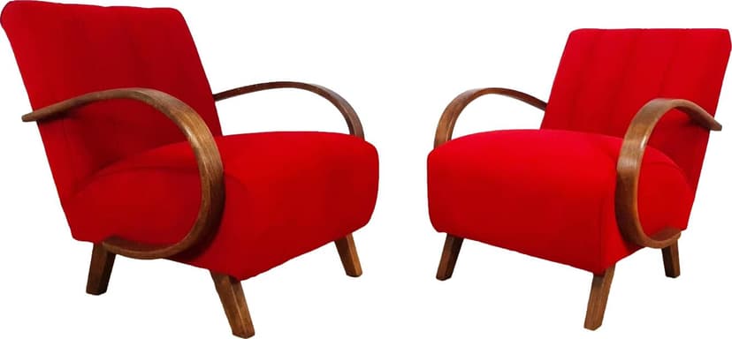 Armchair H 410, red, wood, by J. Halabala, Czechoslovakia, 1950s.